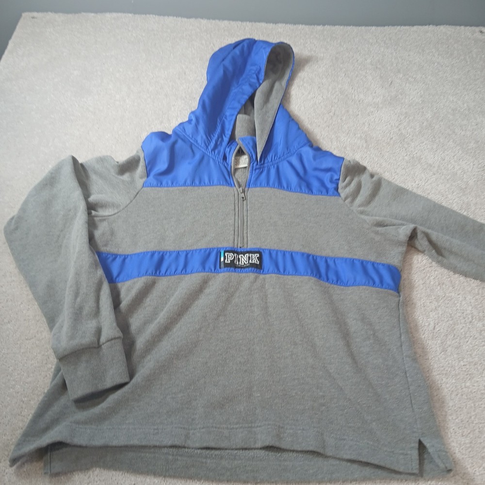 Victoria's Secret PINK Grey w/ Blue Logo Anorak Campus Pullover Hoodie Large