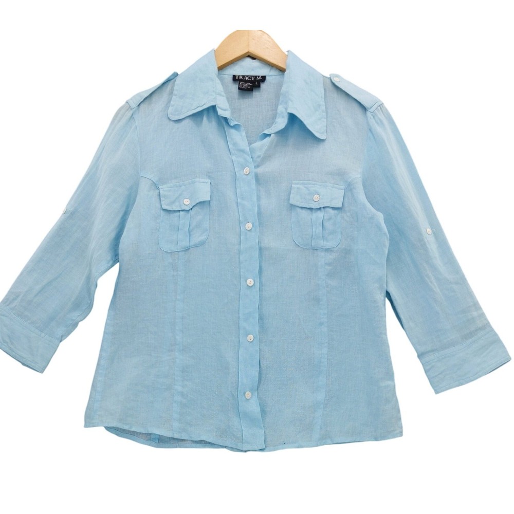 Tracy M. Linen Blend Button Down Shirt Women's Size L 3/4 Sleeve Light Blue