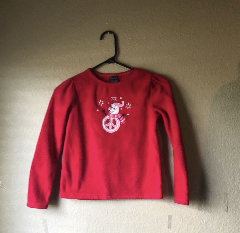 Faded Glory Fleece Girls Vintage Y2K Red Fleece Snowman Shirt Top Girls Size 8