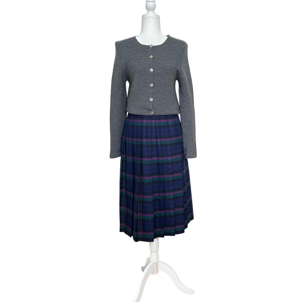 Vintage Deans of Scotland 100% Wool Blue Tartan Plaid Pleated Midi Skirt Size 6