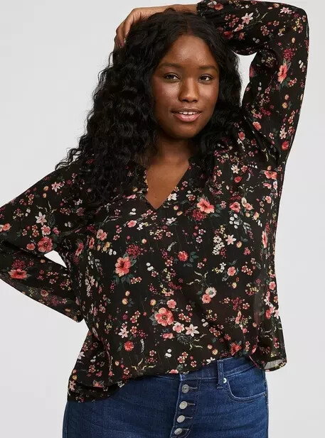 Torrid Crinkle Chiffon Lurex Floral Peasant Long Sleeve Blouse Size 3 22W & 24W