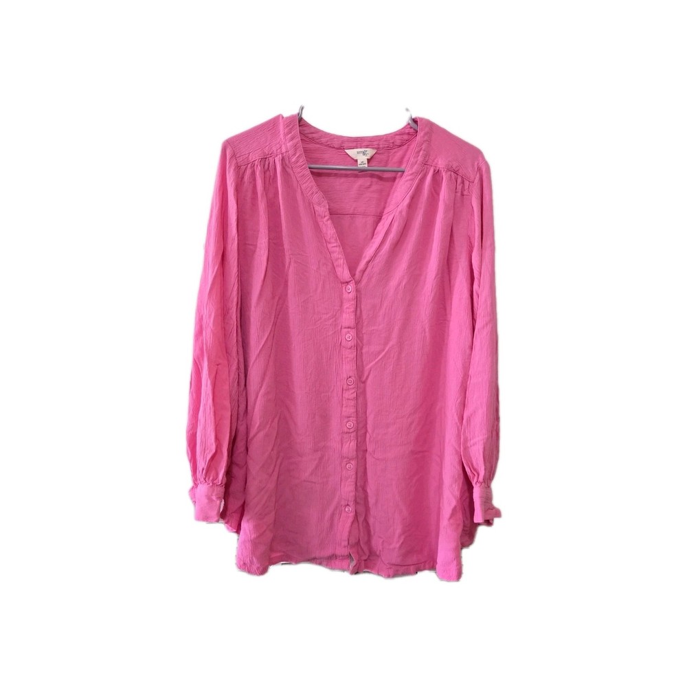 Terra & Sky Pink Button Front V-Neck Long Sleeve Blouse 1X Plus