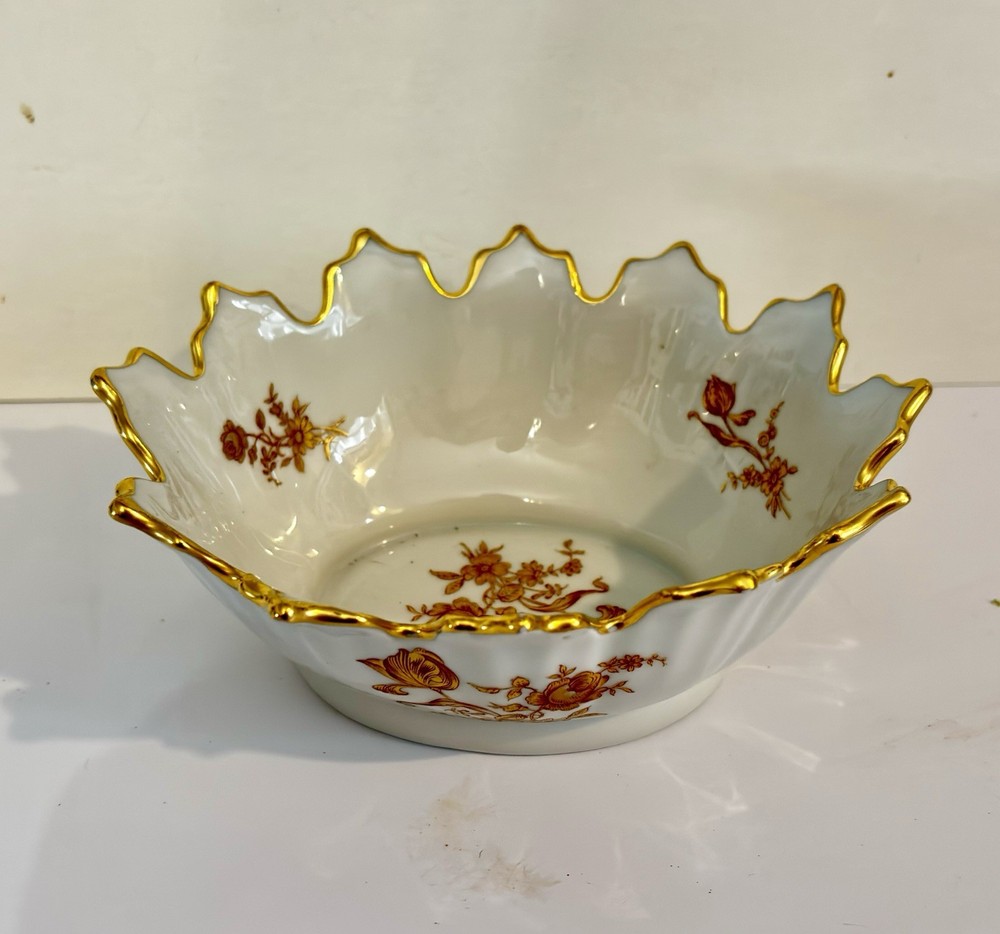 Limoges France Candy Bowl Hand Painted Flowers Roses White Gold Scalloped Edge