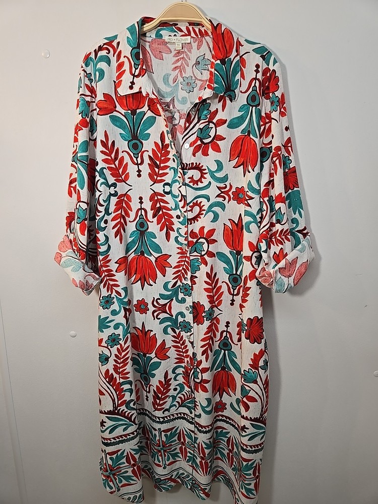 NWT Anthropologie Fig And Flower Sz 3X Button Down Shirt Dress Roll Tab Sleeve