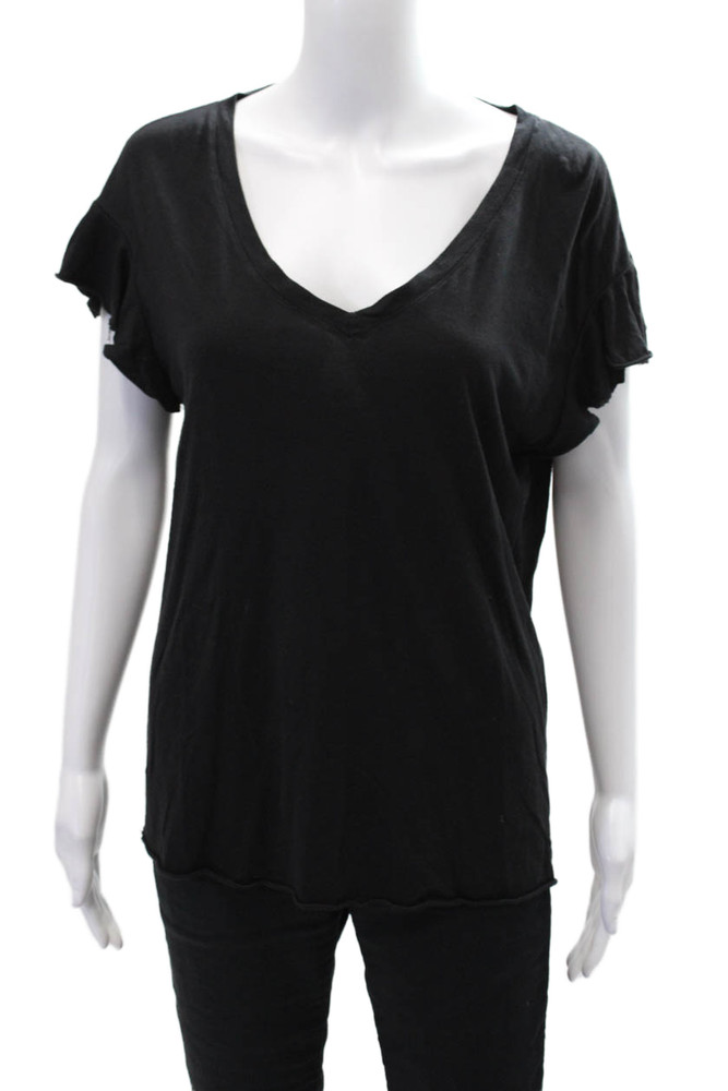 Michael Stars Womens Cotton Ruffled Sleeve V-Neck Casual T-Shirt Black One SizeFree Shipping in US $100+ Orders | $6.95 Orders Below