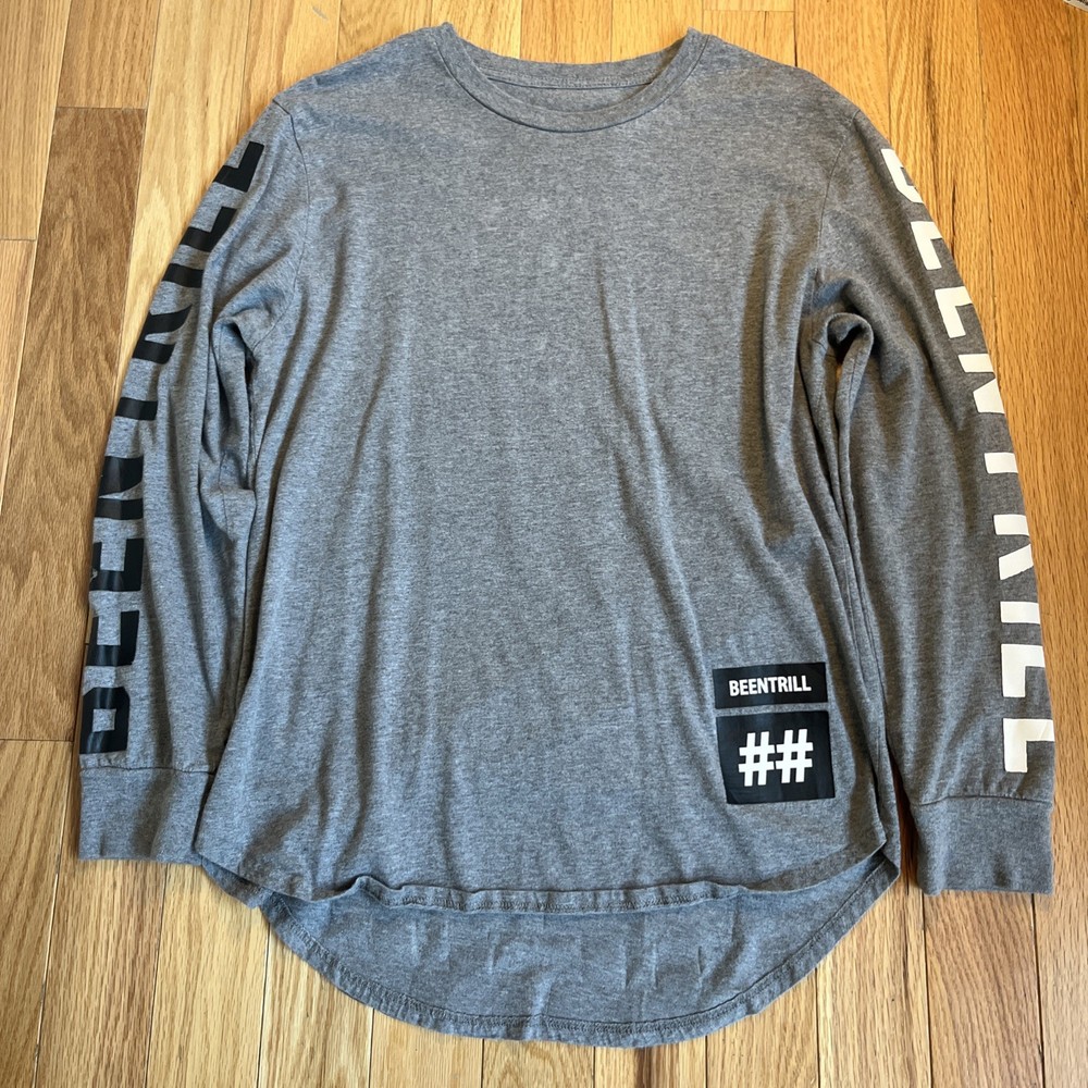 Been Trill Long Sleeve Shirt Men’s Gray Size Medium Pull Over Damaged