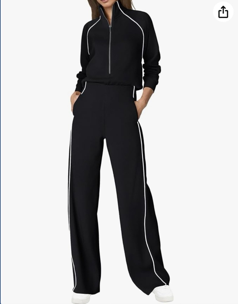Black Womens Casual Long Sleeve 1 Piece Jumpsuit Wide Leg Mock Neck Size Large