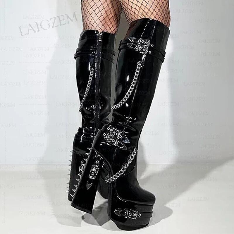 Chunky Platform Knee-High Boots for Women with Studs Chains and Zip