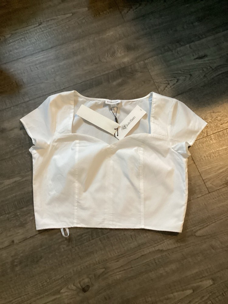 Calvin Klein Womens White Cropped Boxy Blouse with Side Zipper Detail Short Sleeve Top
