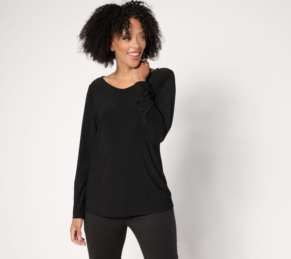 Dennis Basso Women's Top Sz L Italia Knit Voop Neckline Black A672924