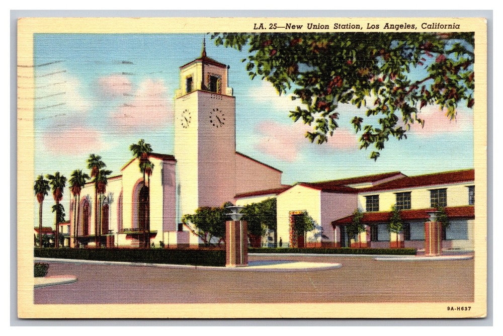 Los Angeles CA California Union Station Train LA-25 Linen Postcard Posted 1945