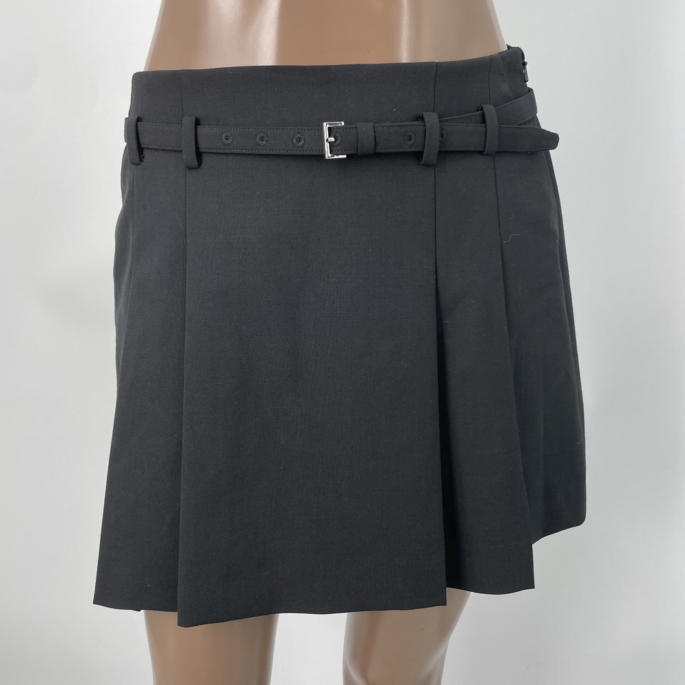 Frame Womens Mini Skirt Black Size 6 Pleated Belted Lined Side Zip Pocketed