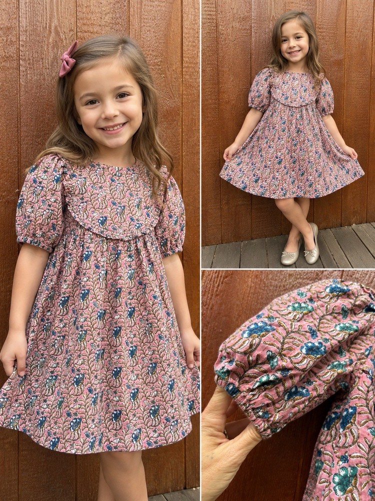 Pink Chicken Rowan Dress Girls Size 5 Mauve Floral Metallic Gold Puff Sleeve