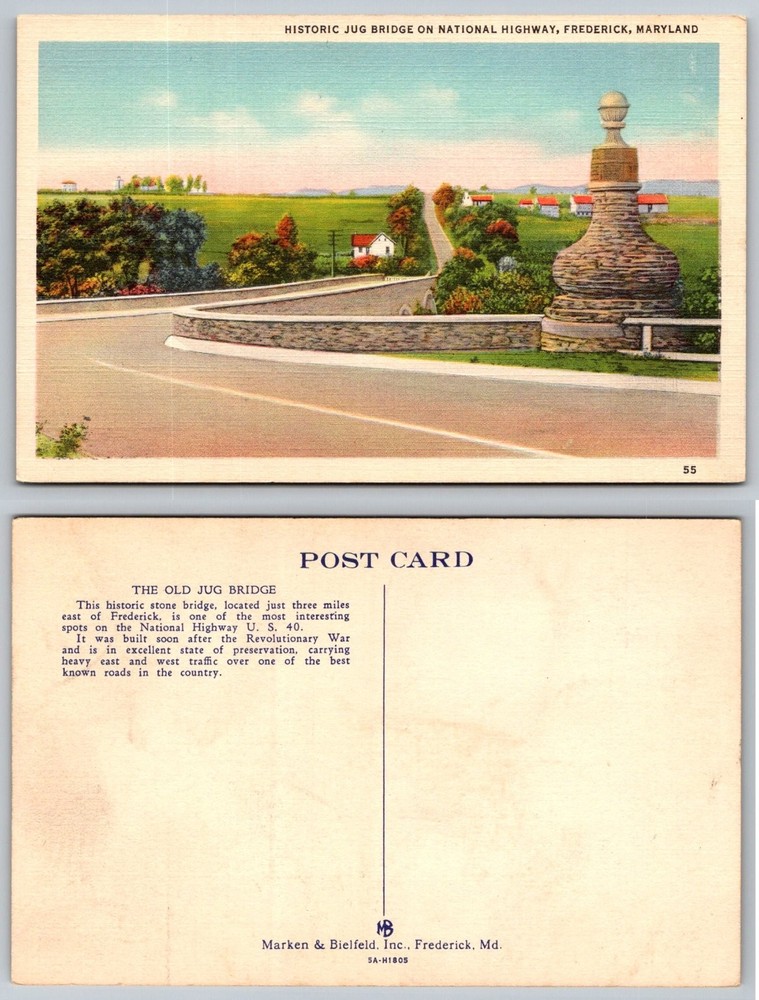 Historic Jug Bridge National Highway Frederick MD Linen Postcard 1935 US 40