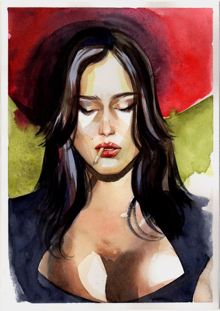 Original Watercolor Painting Brunette Woman Portrait Red Hat Woman Wall Art