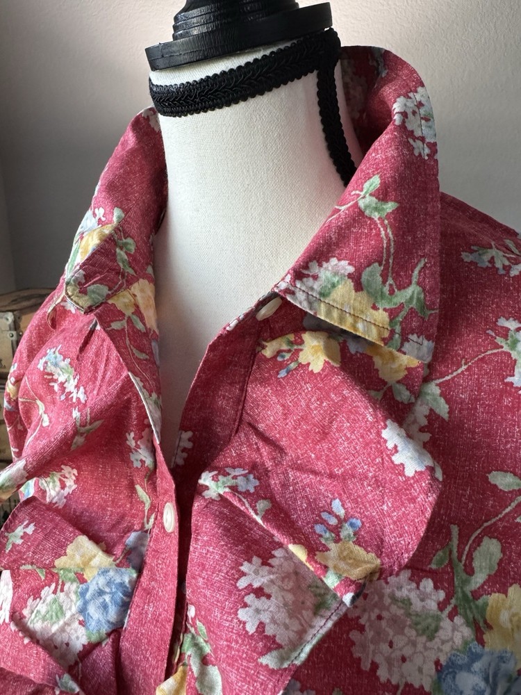 Lauren Jeans Co ~ Women’s Semi-sheer Cotton Blouse ~ Red Garden Floral ~ Size L