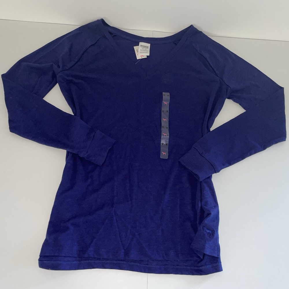 Victoria's Secret PINK Blue Knit V-Neck Long Sleeve Logo T-Shirt Size M