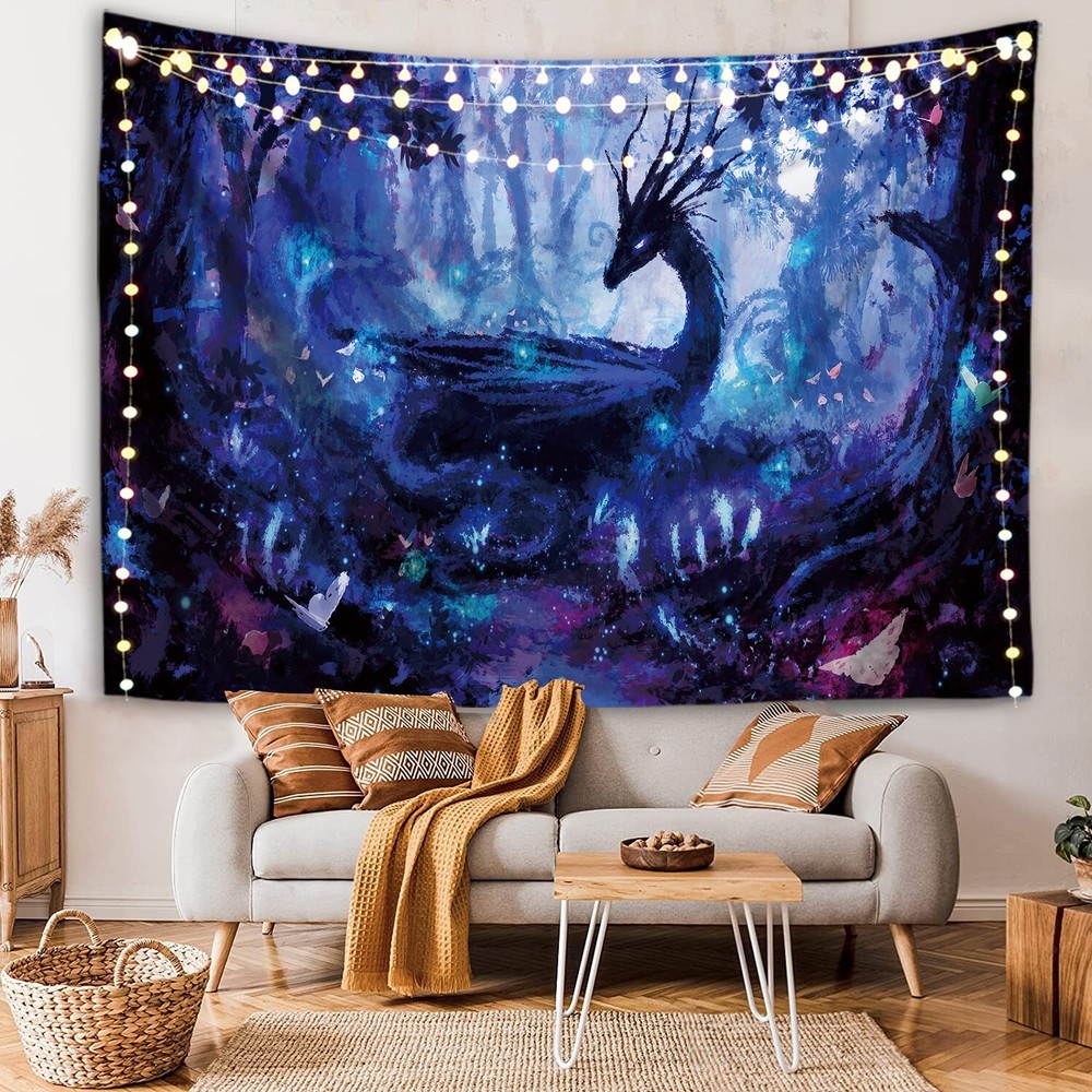 Fantasy Dragon Forest Tapestry Anime Wall Art Blue Gaming Room Decor-image
