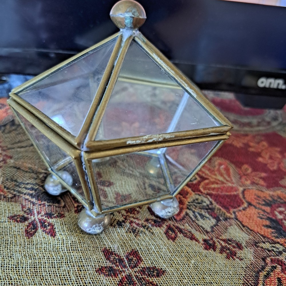 Vintage Glass & Brass 5 Sided  Trinket Box With Lid Jewelry Display Case