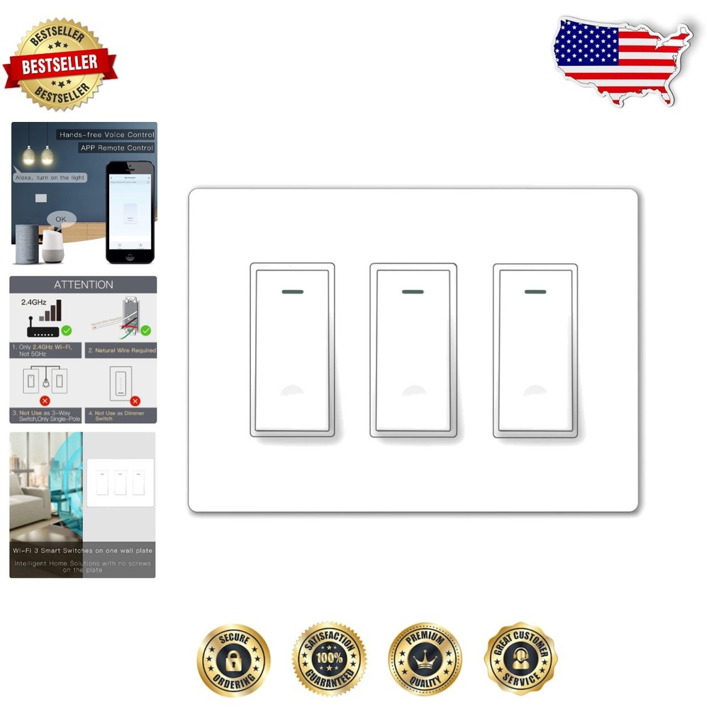 Smart Life 3-Gang WiFi Light Switch with Remote Control and Timer No Screw Design