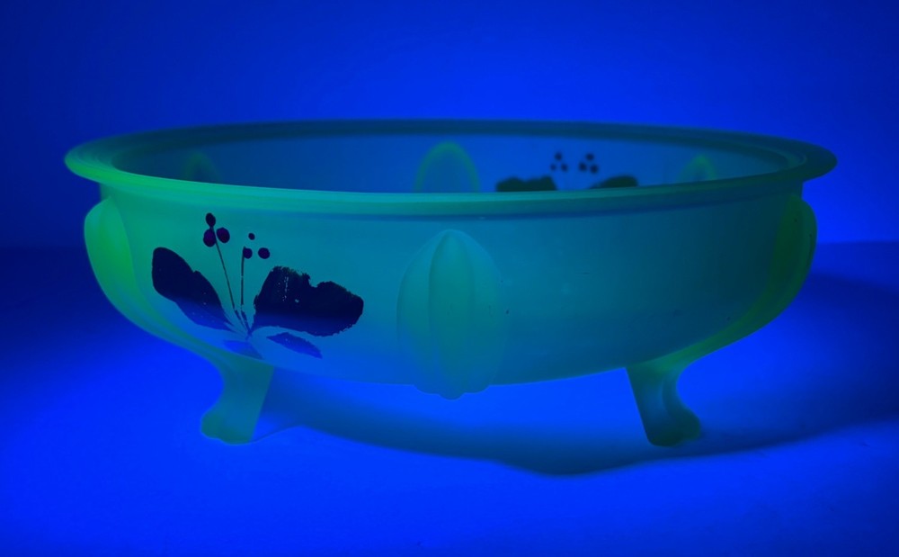Uranium / Vaseline Frosted Green Footed Console Bowl w/ Hand Painted Flowers