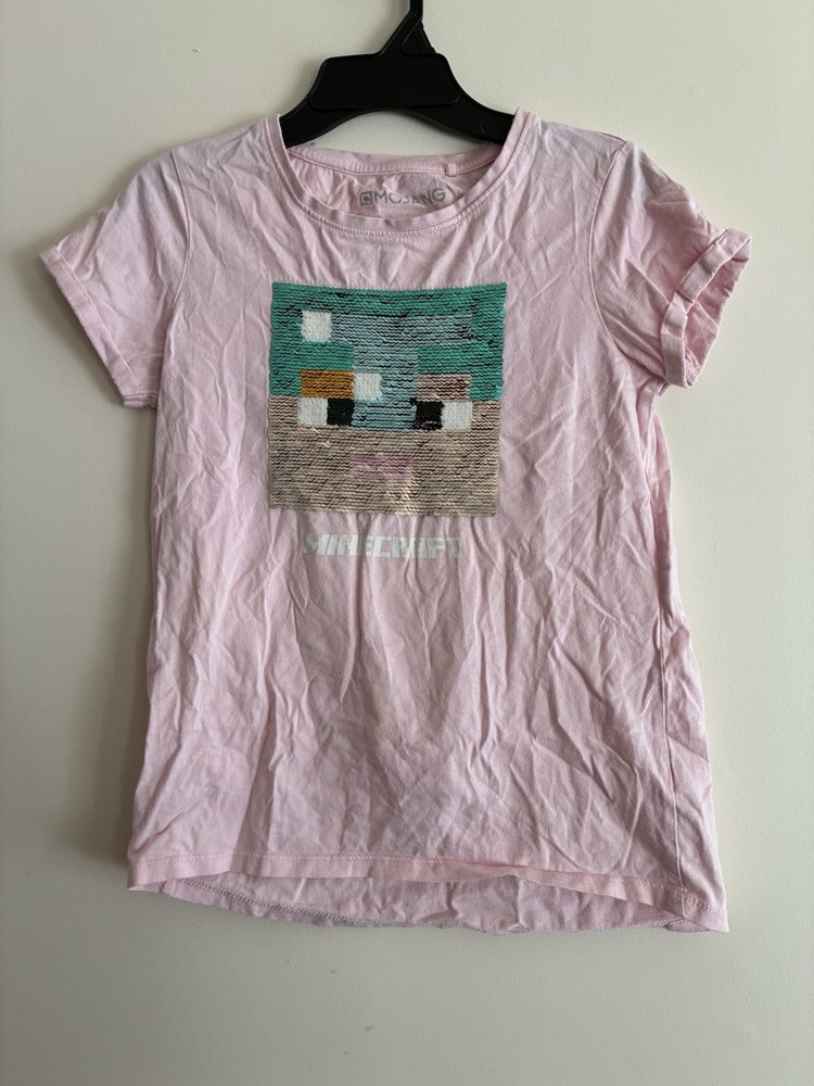 Mojang Minecraft Kid Girls Flip Sequin 100% Cotton Short Sleeve Shirt Pink Sz 12