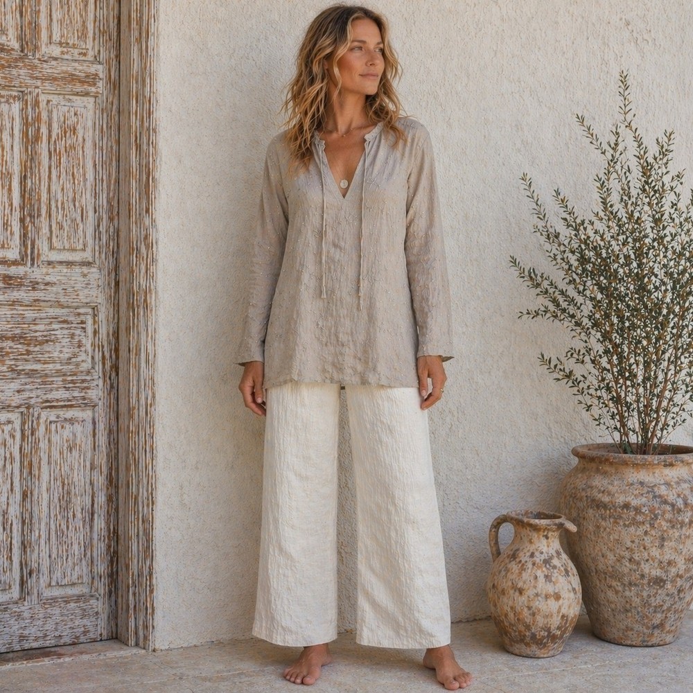 Kate Hill Linen Floral Embroidered Tunic Top Size XL Coastal Lagenlook Boho Tan
