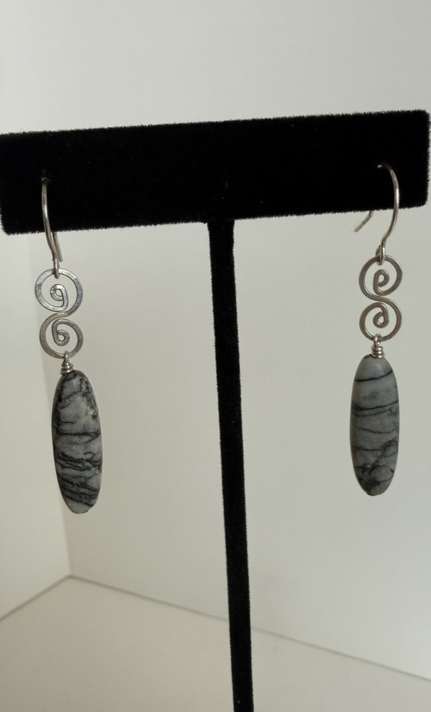 Sterling Silver Picasso Jasper Dangle Earrings Artisan Spiral Wire Drop Earrings