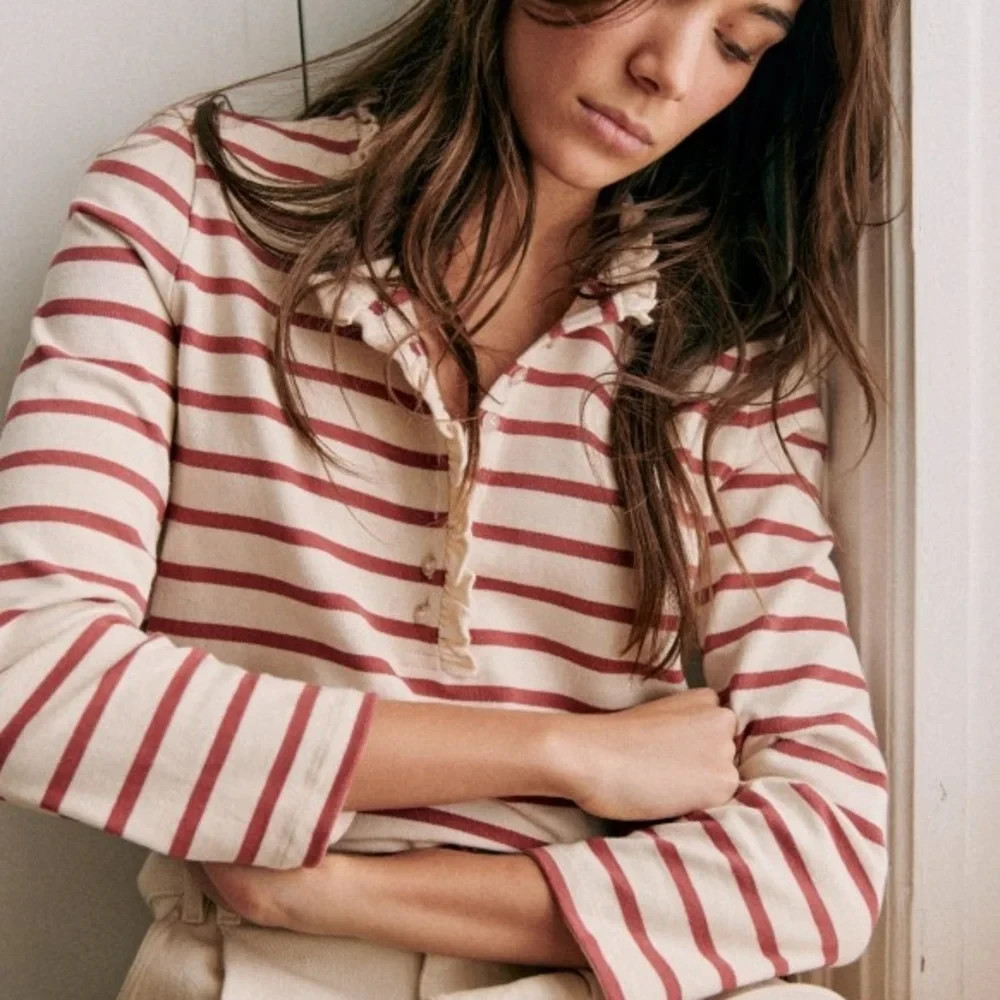 Sezane Gaël Marinière Ruffle Trim Ecru Rosewood Striped Top Size Small