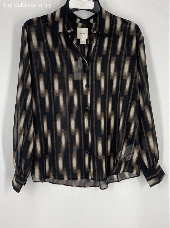 Calvin Klein Womens Black Brown Cream Geometric Button-Up Shirt Size Small