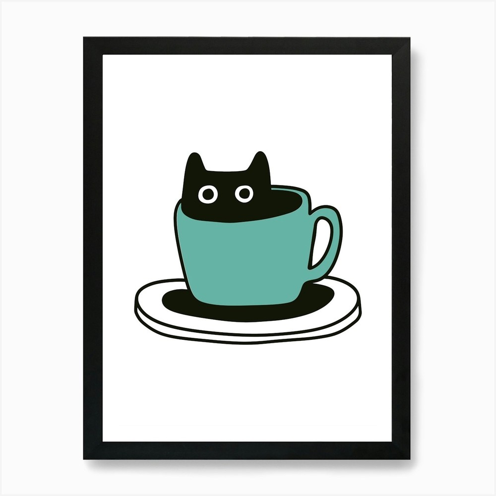 Cat In A Cup Kawaii Cute Drawing Il Framed Wall Art Poster Canvas Print Picture