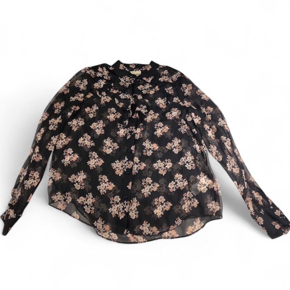 Kate Spade Floral Sheer Lg Sleeve Blouse Small Ruffle Down Front 100% Silk