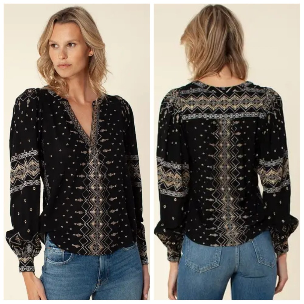 Hale Bob $312 Evelyn Embroidered Peasant Top Women's Medium Black/Gold Bohemian