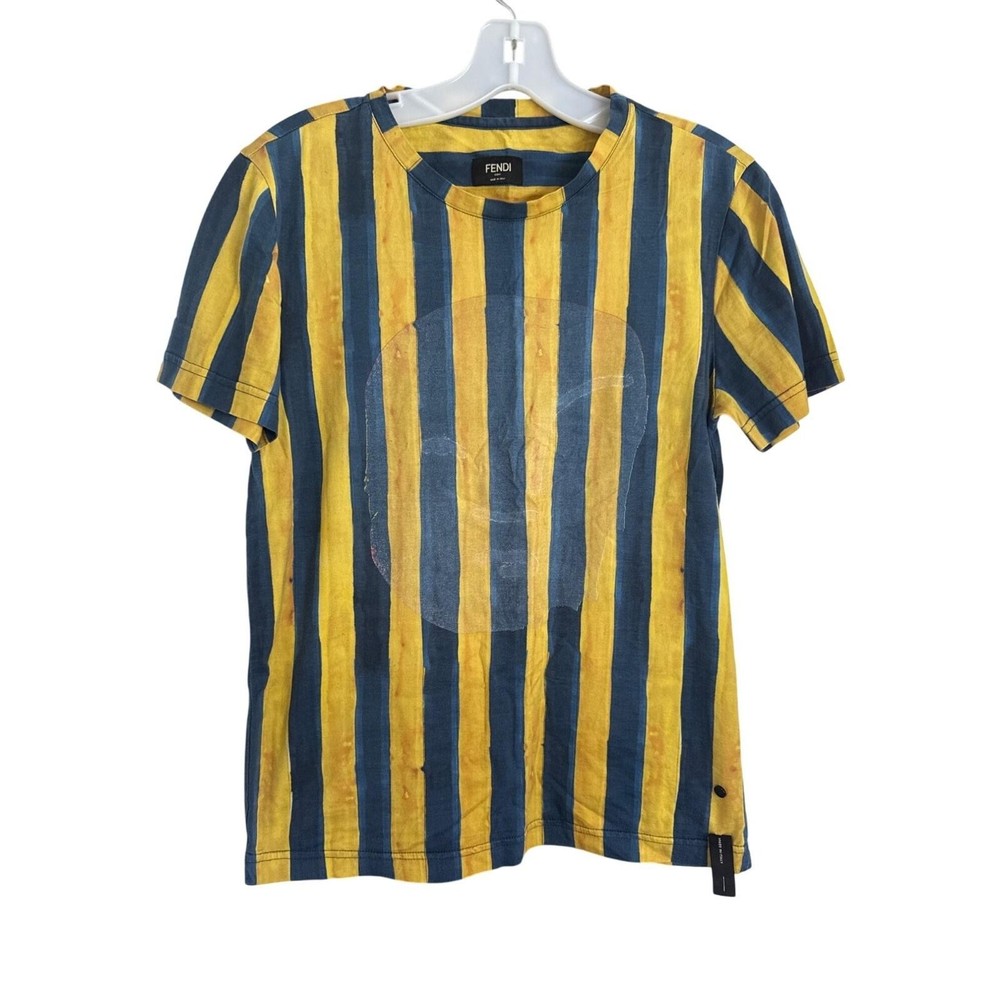 Fendi Roma Striped Mens Small Yellow & Blue Short Sleeve T-Shirt Made In Italy