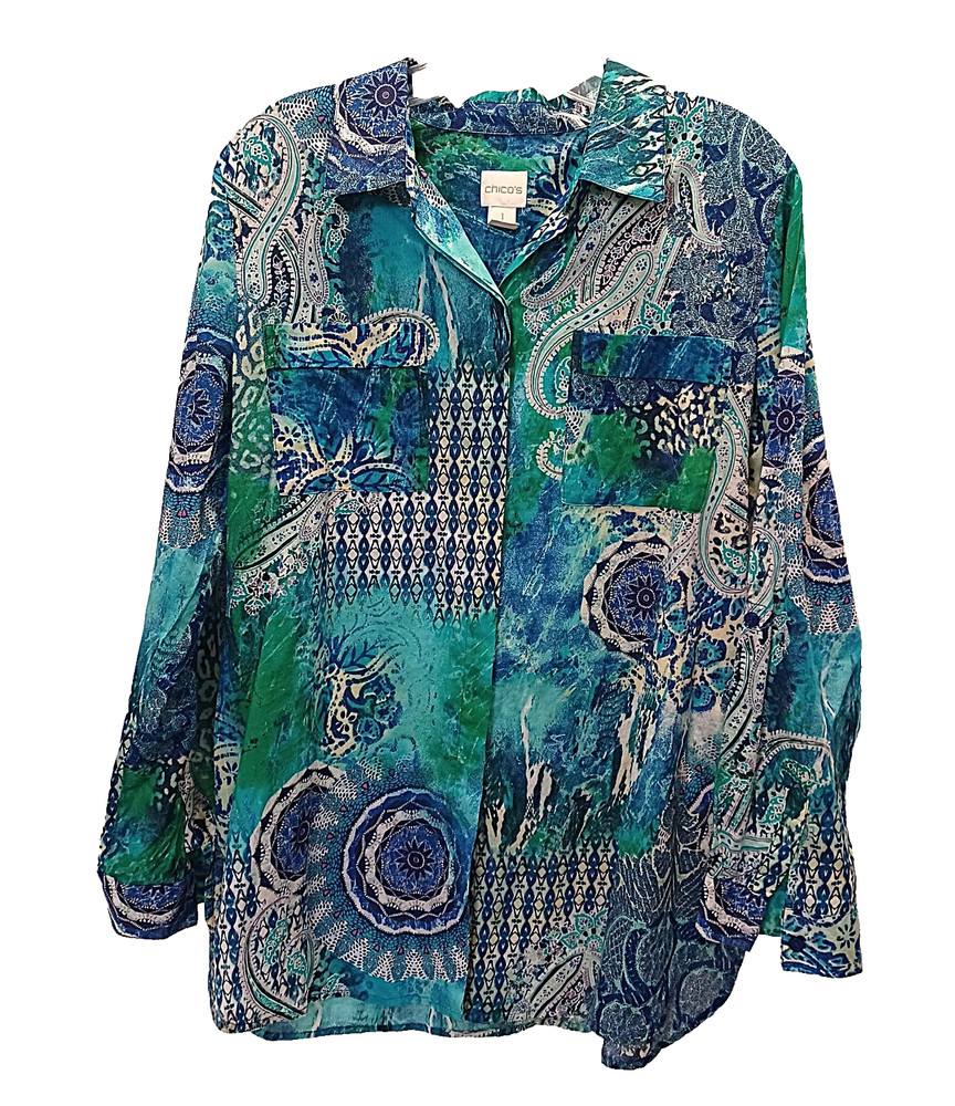 Chico’s Women’s Size 1 M 8 100% Cotton Button Up Shirt Blue White Pockets
