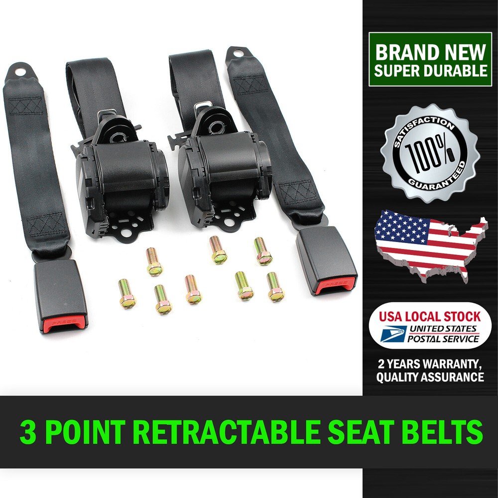 Set Of Retractable 3 Point Safety Seat Belt Car Auto Adjustable Belt Kit Black