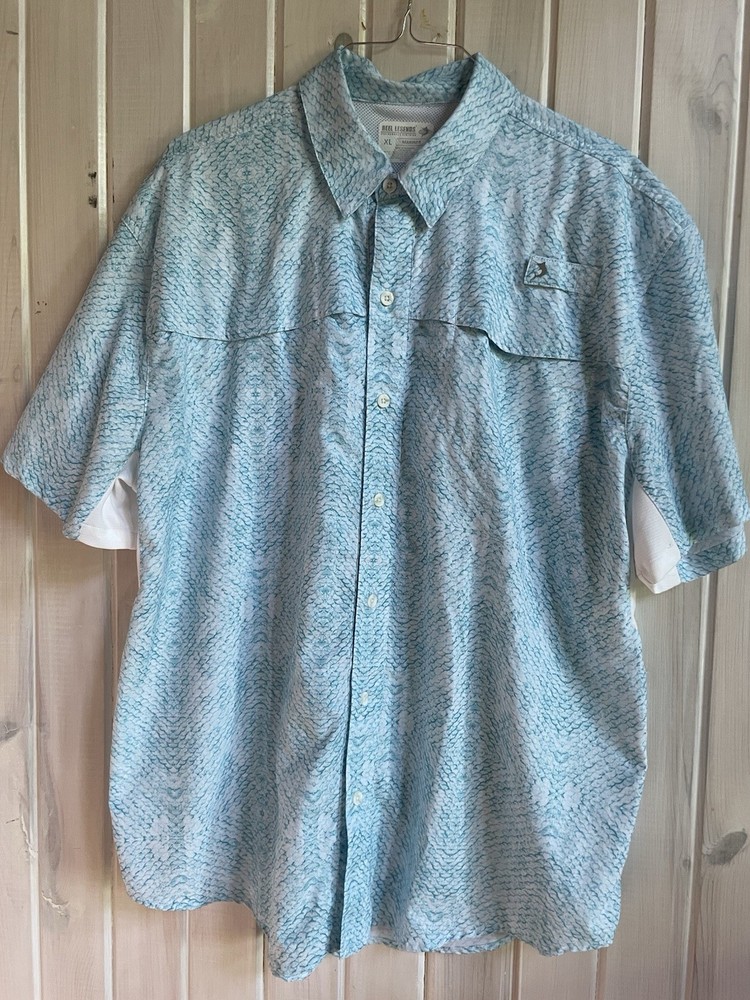 Reel Legends Mariner Performance Fishing Shirt Men XL Blue Scale Print Button Up
