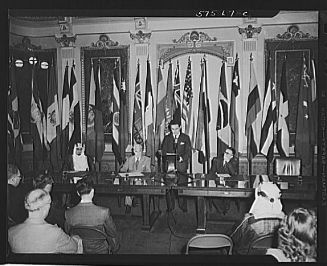 Photo:United Nations New York NY 1940s Speakers Panel Flags Conference