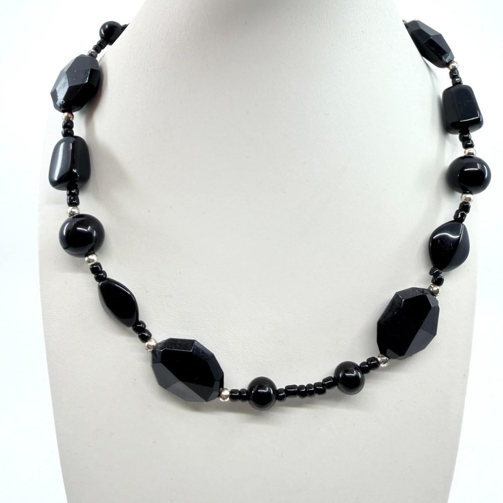 Vintage Black Chonky Acrylic Bead Necklace Silver Tone Accent Chunky Goth Boho