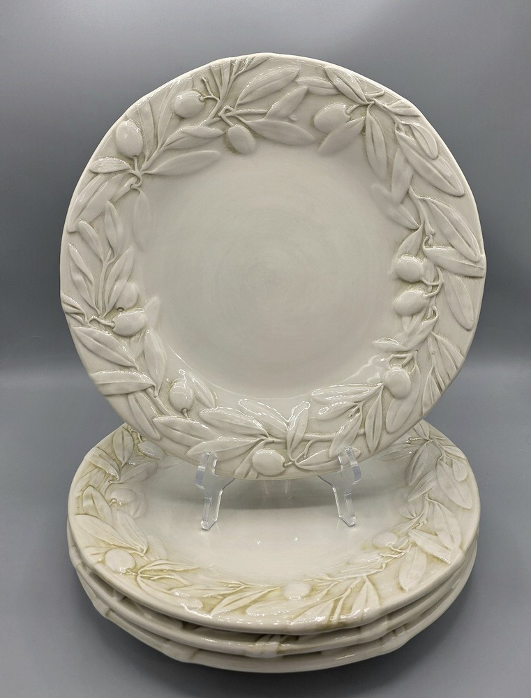 Williams Sonoma Tuscan Olive Dinner Plates Embossed Branches Green Set Of 4