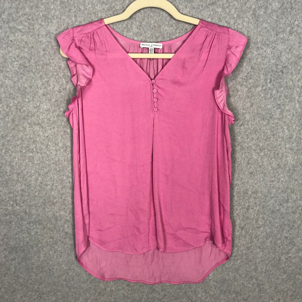 Maison d'Amelie Top Women XS Pink Blouse Ruffle Satin Silky Popover Loose Career