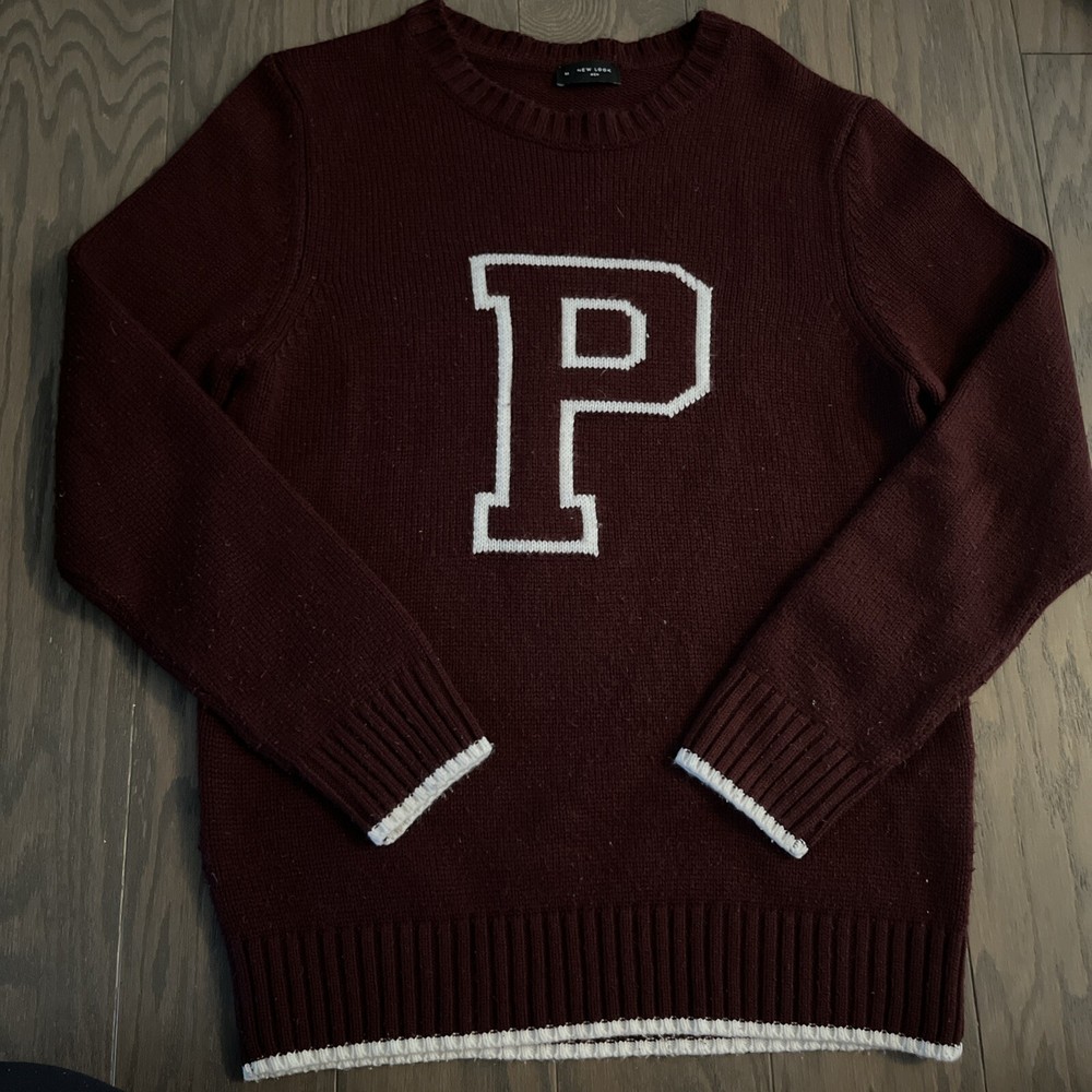 New Look Mens Red Burgundy Crew Neck Pullover Jumper Sweater Medium M Big Logo