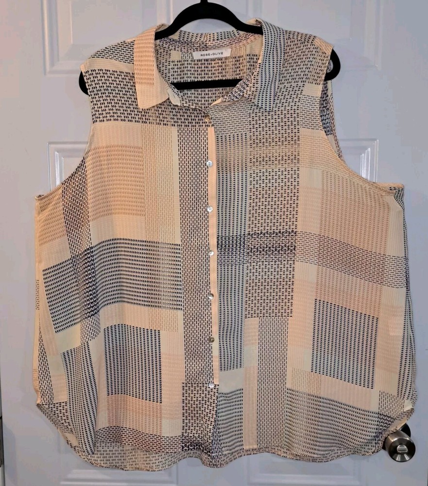 Rose Olive Geometric Print Chiffon Button Up Shirt Womens Plus Size 3X Sleeveless Top