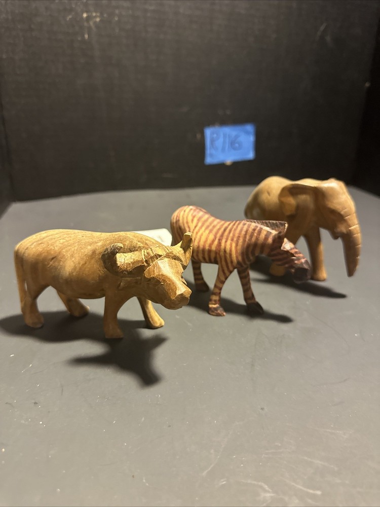 Vintage Hand Carved Wood Animal Figurines Bull Zebra Elephant Lot 3” #M21