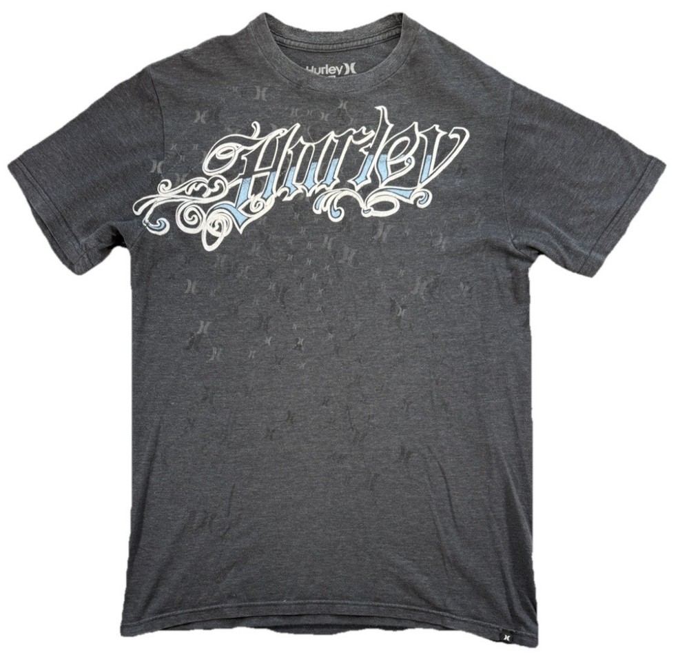 Vintage Hurley Logo AOP Y2K T Shirt Men's Medium Gray Skate Grunge Streetwear
