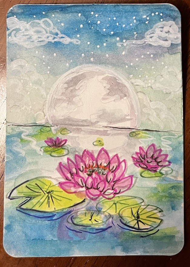 ACEO Original Celestial Moon Lotus OOAK Art Card ATC Whimsical Lily pad