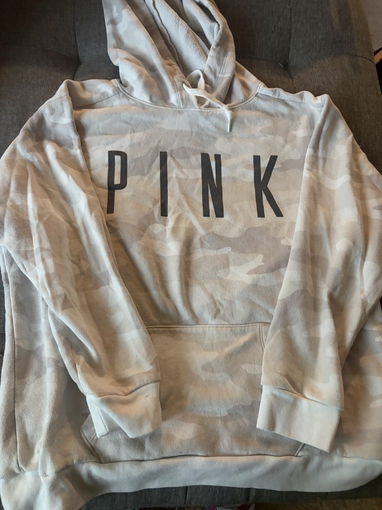 PINK Victoria's Secret Camouflage Pullover Hoodie Beige White Logo Fleece L