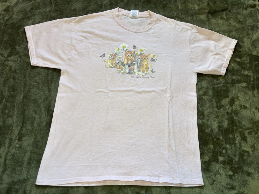 Vintage Cat Shirt Mens Large Pink Kitten Flower Butterfly Jerzees 90s Art Tee