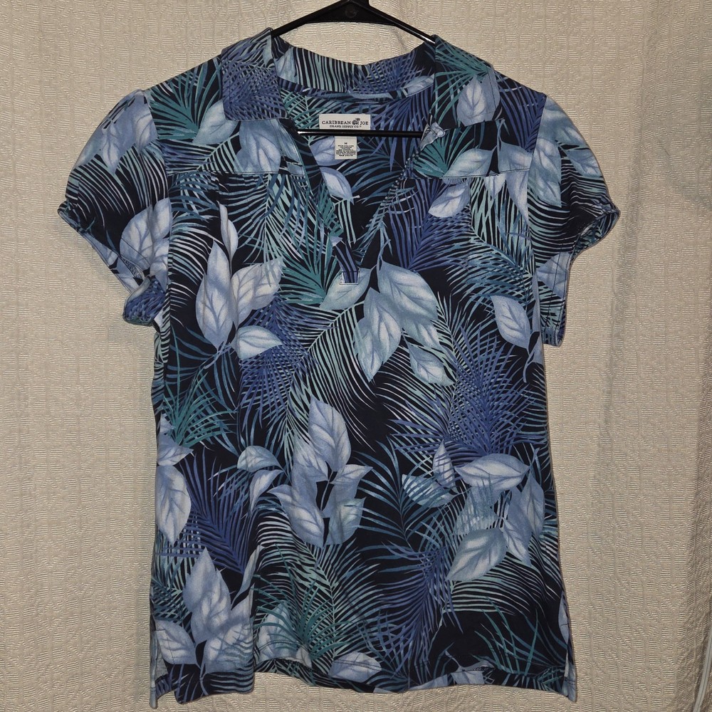 Caribbean Joe womens Tropical Leaf Print Button-Up Shirt Blue Green Cotton M