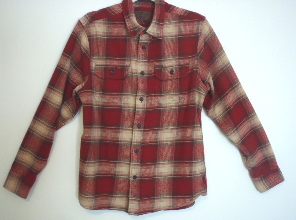 Orvis Long Sleeve Button Up Men's Medium Red  / Tan Plaid Flannel Shirt Jacket
